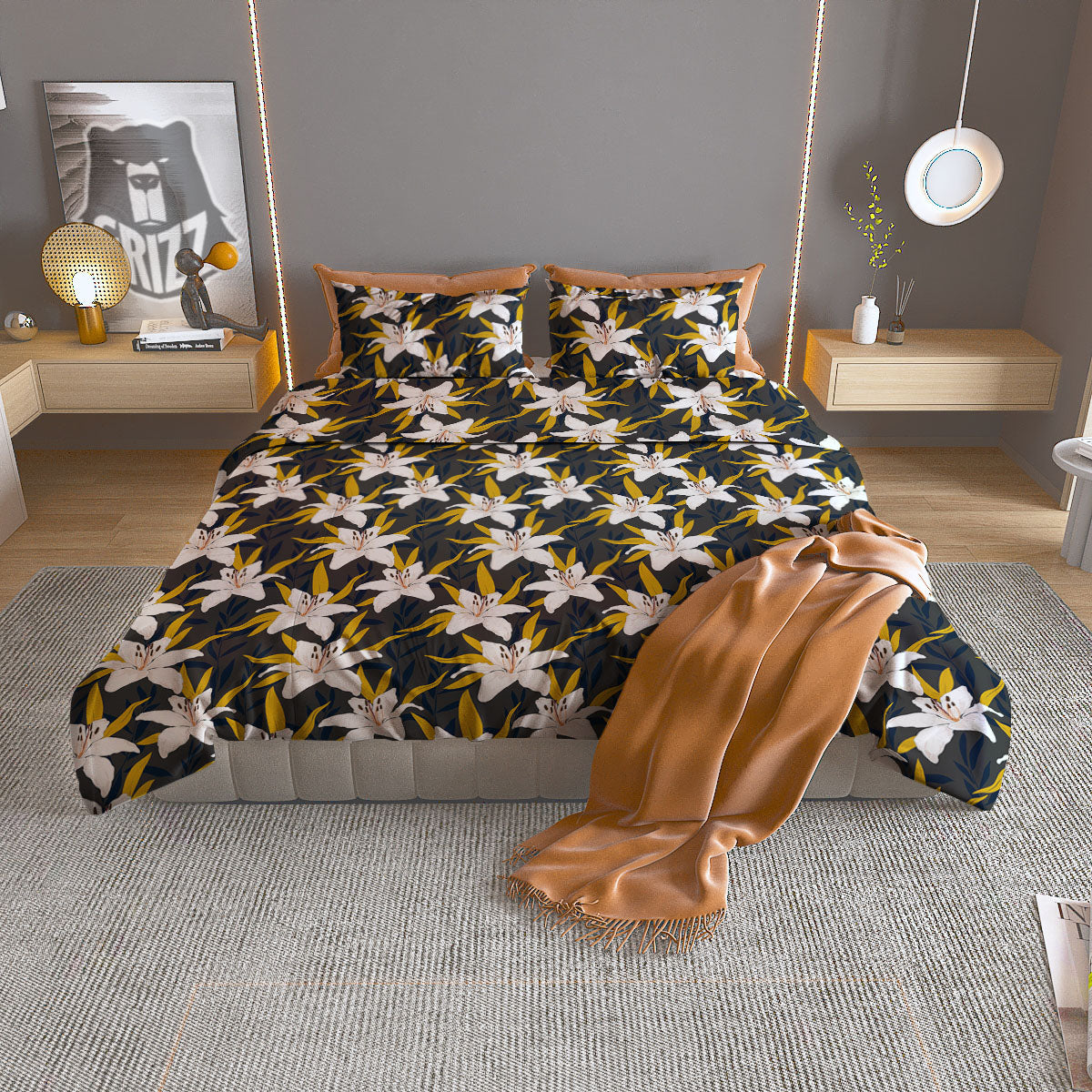 Floral Lily Print Pattern Duvet Cover Bedding Set
