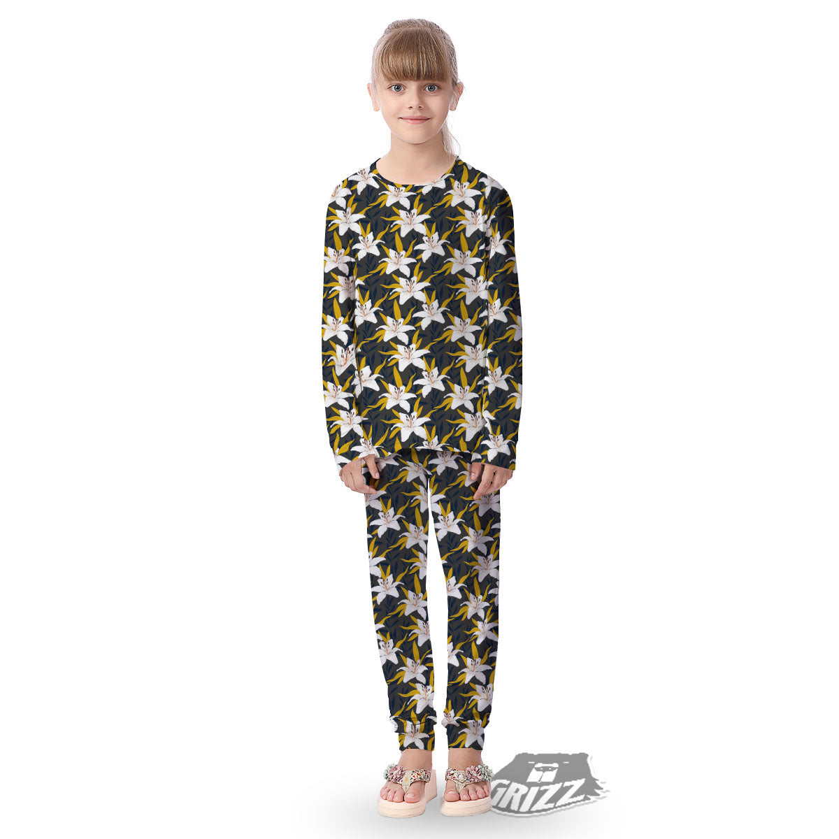 Floral Lily Print Pattern Kid's Pajamas-grizzshop