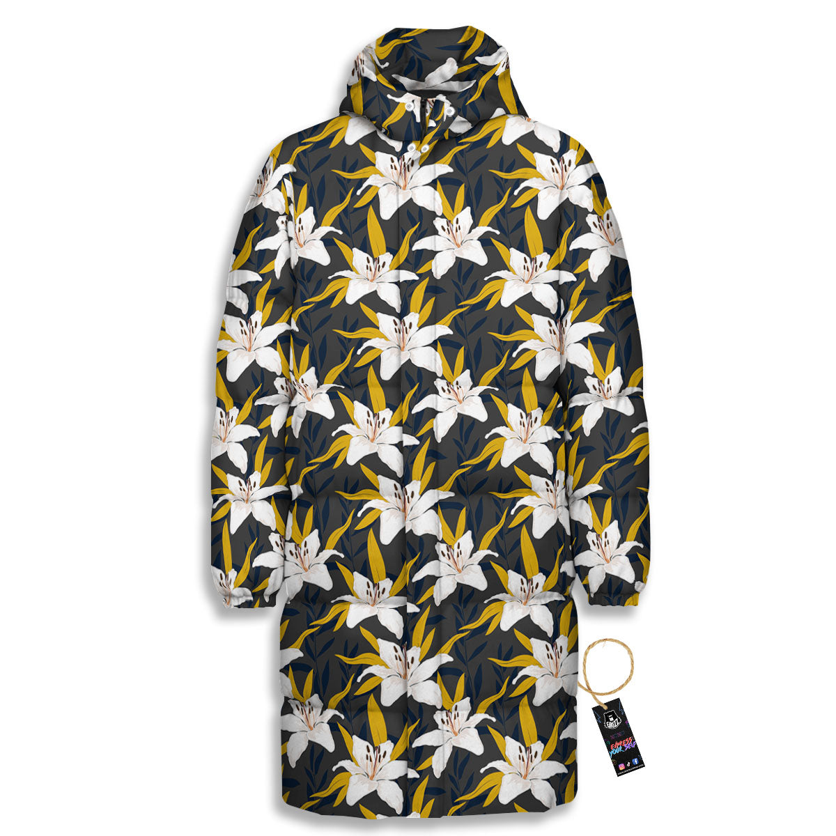 Floral Lily Print Pattern Long Down Jacket-grizzshop