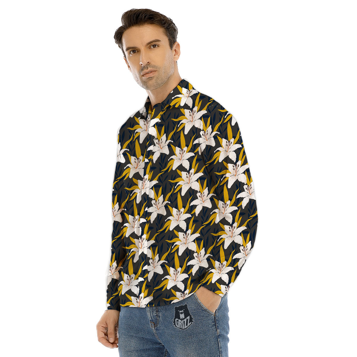 Floral Lily Print Pattern Men's Dress Shirts-grizzshop