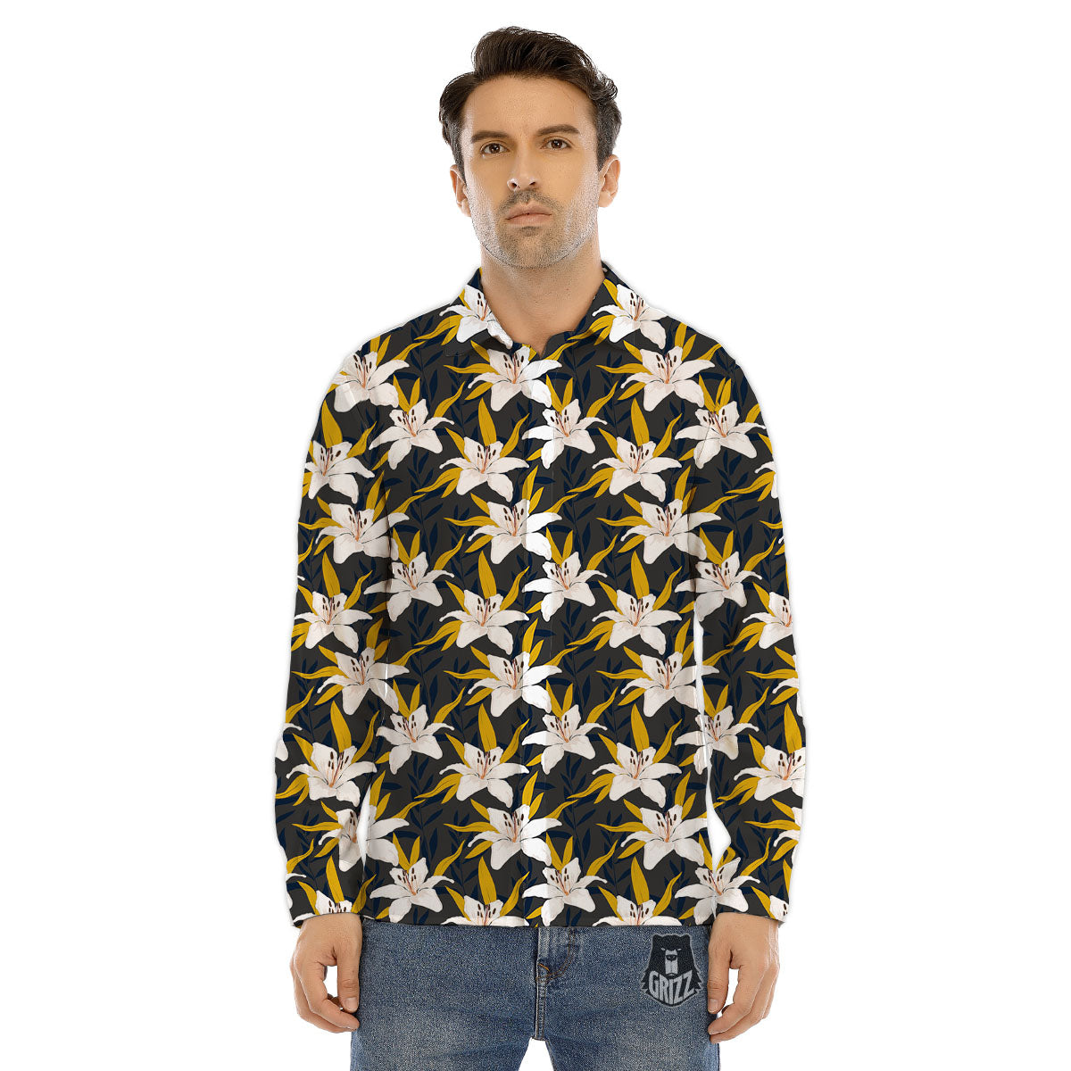 Floral Lily Print Pattern Men's Dress Shirts-grizzshop