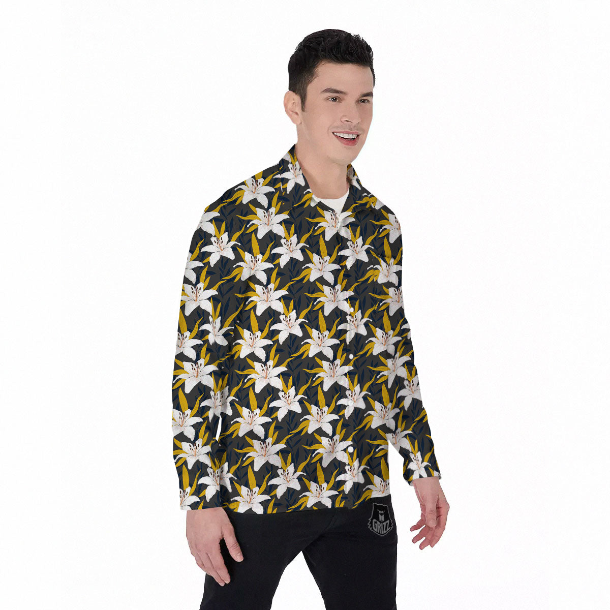 Floral Lily Print Pattern Men's Long Sleeve Shirts-grizzshop