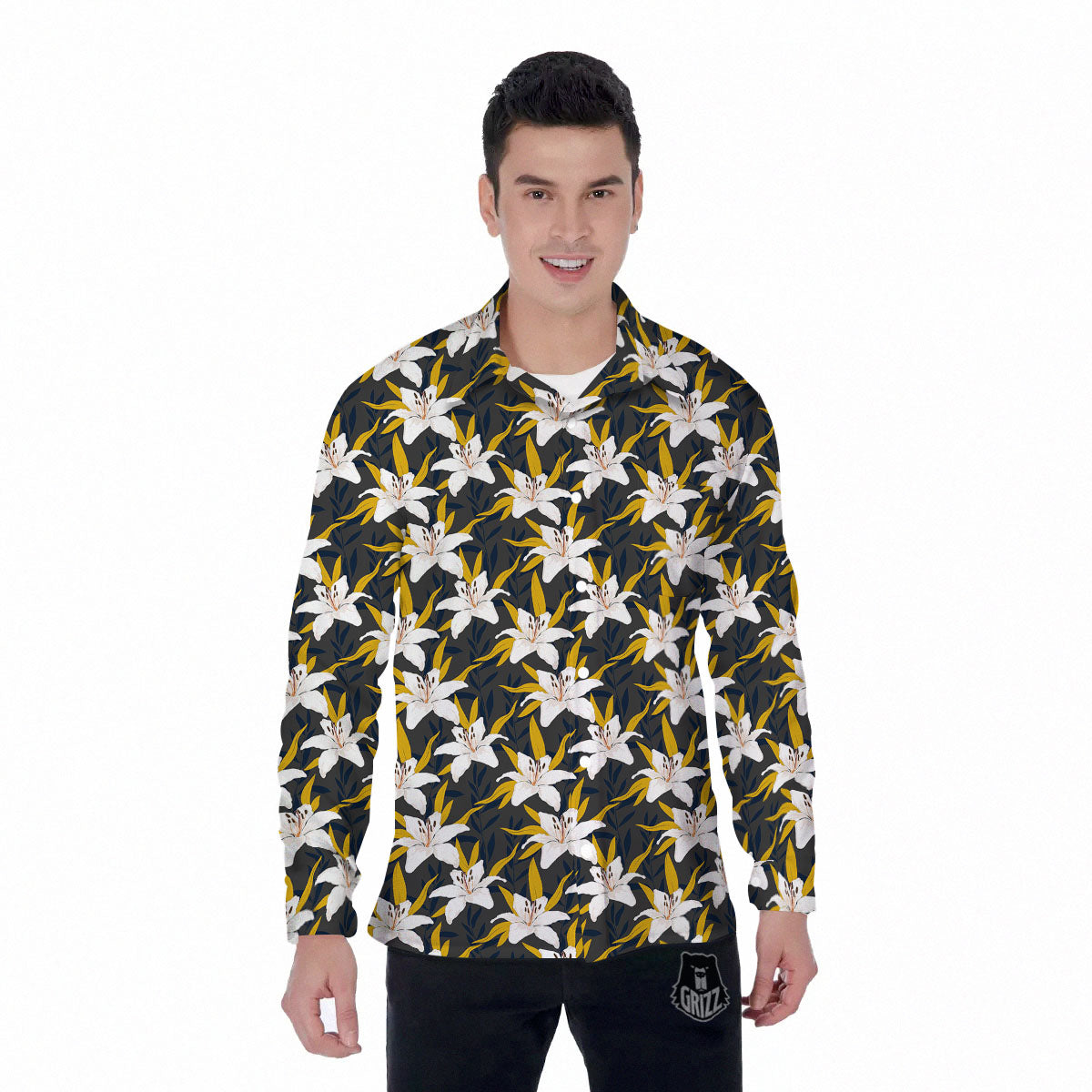 Floral Lily Print Pattern Men's Long Sleeve Shirts-grizzshop