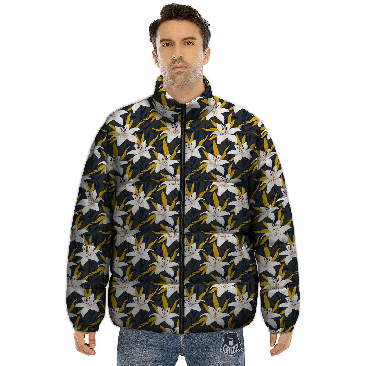 Floral Lily Print Pattern Puffer Jacket-grizzshop