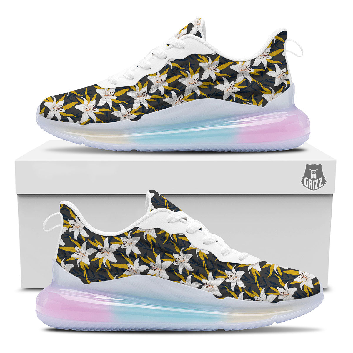 Floral Lily Print Pattern Running Sneakers-grizzshop