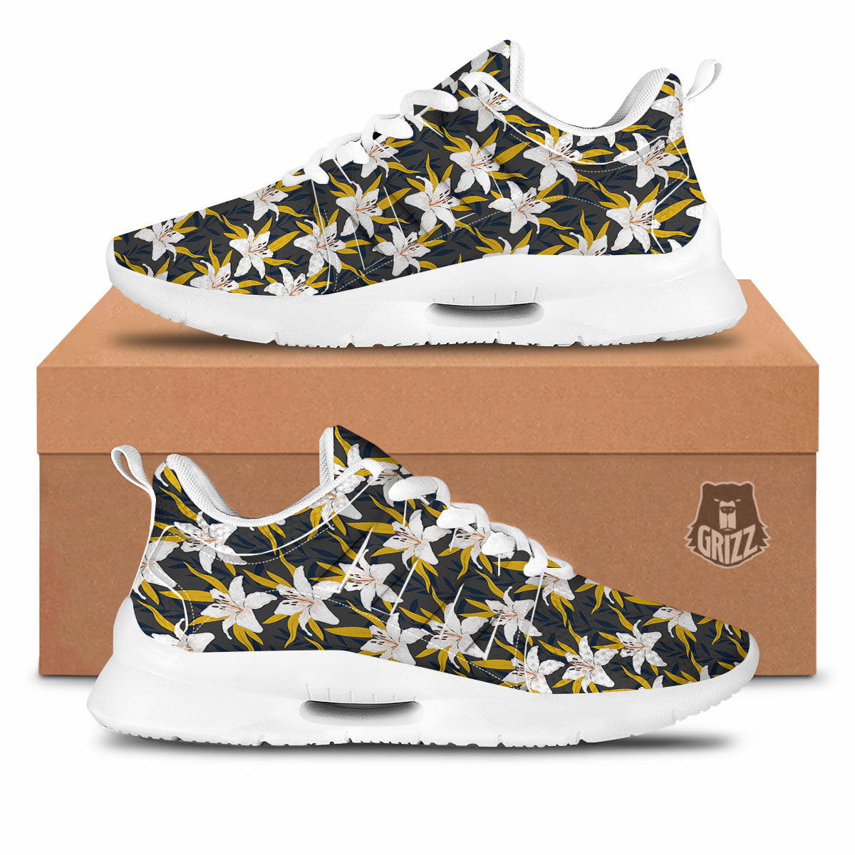Floral Lily Print Pattern Tennis Shoes-grizzshop