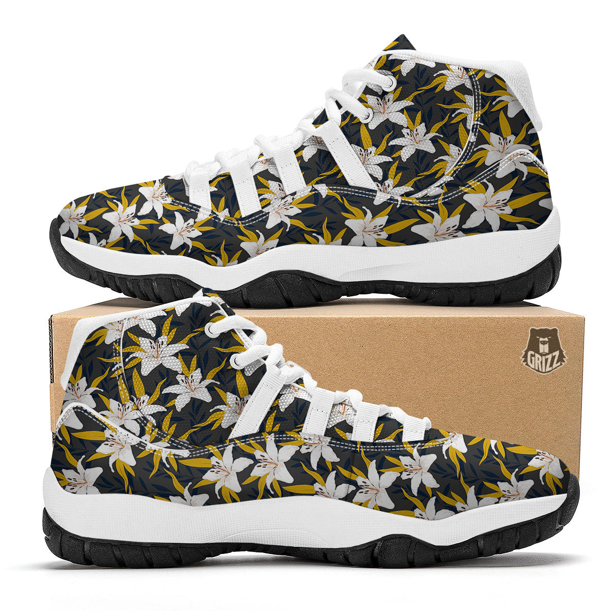 Floral Lily Print Pattern White Bball Shoes-grizzshop