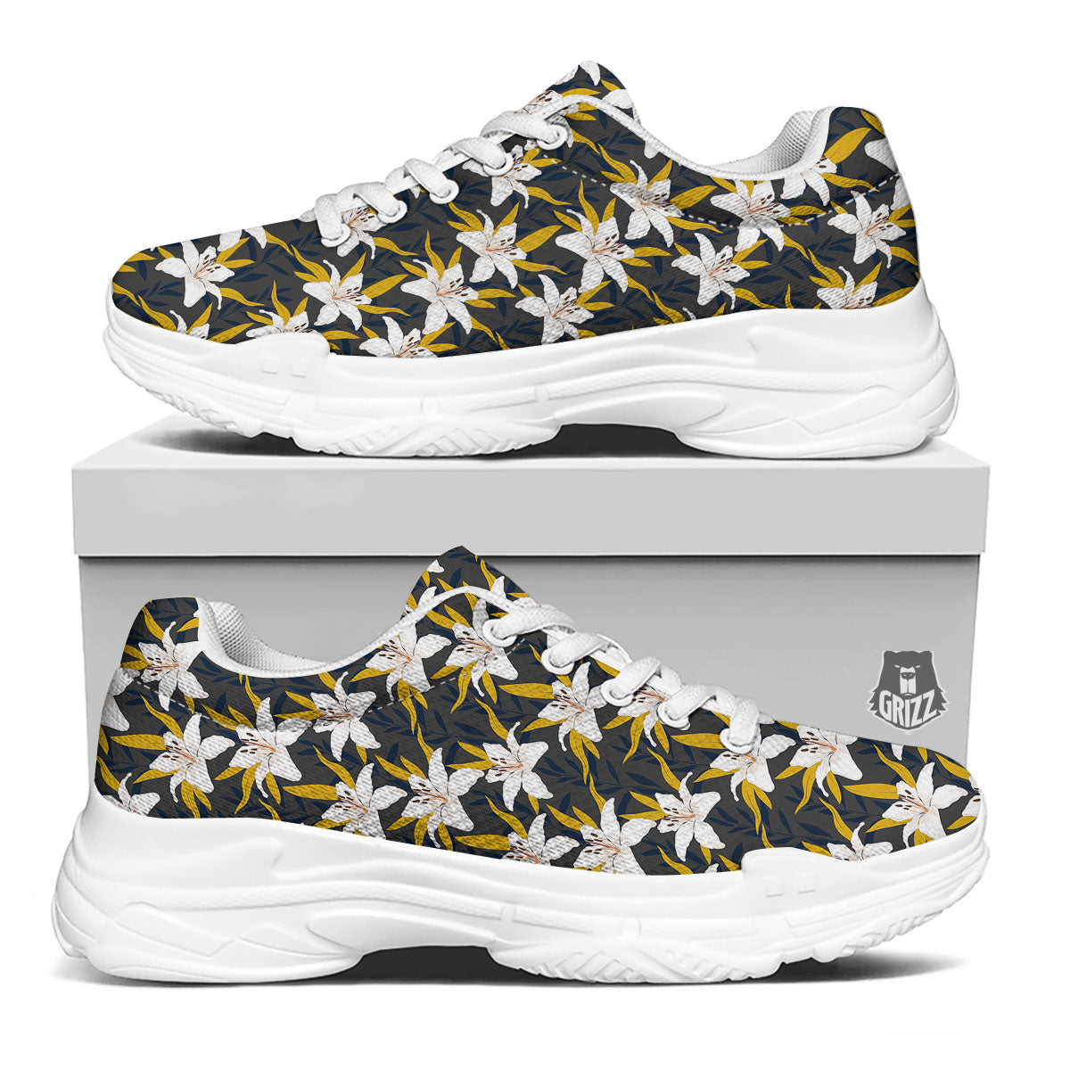 Floral Lily Print Pattern White Chunky Shoes-grizzshop