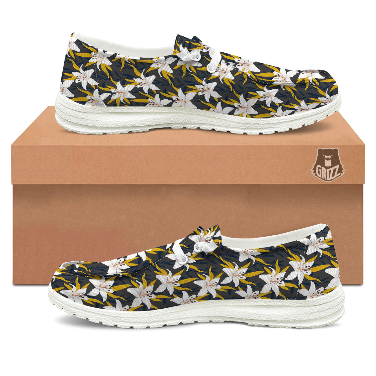 Floral Lily Print Pattern White Loafers-grizzshop