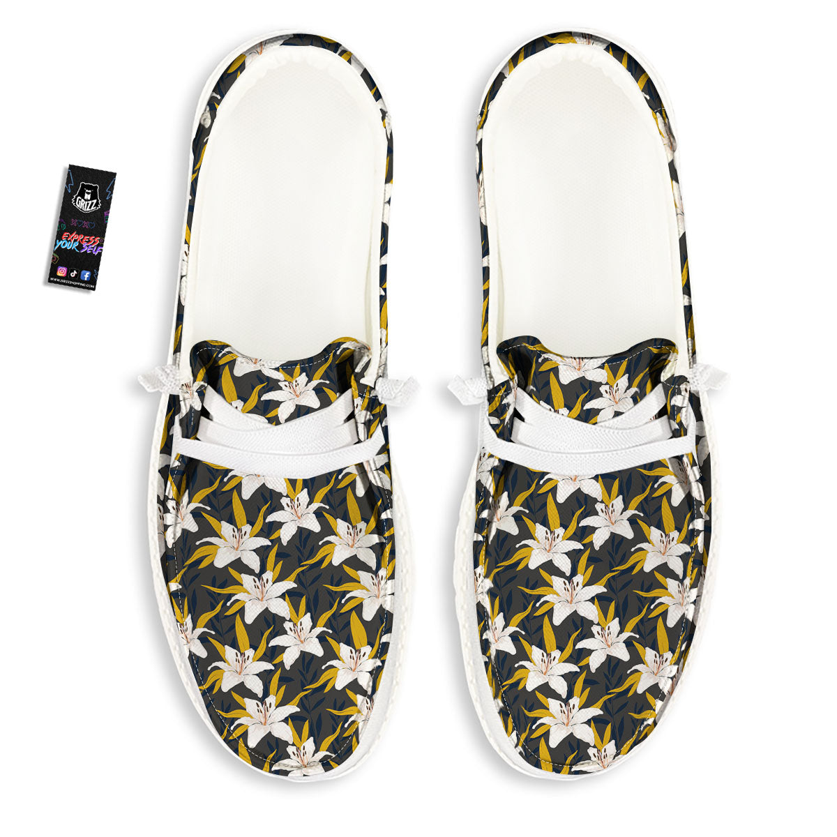 Floral Lily Print Pattern White Loafers-grizzshop