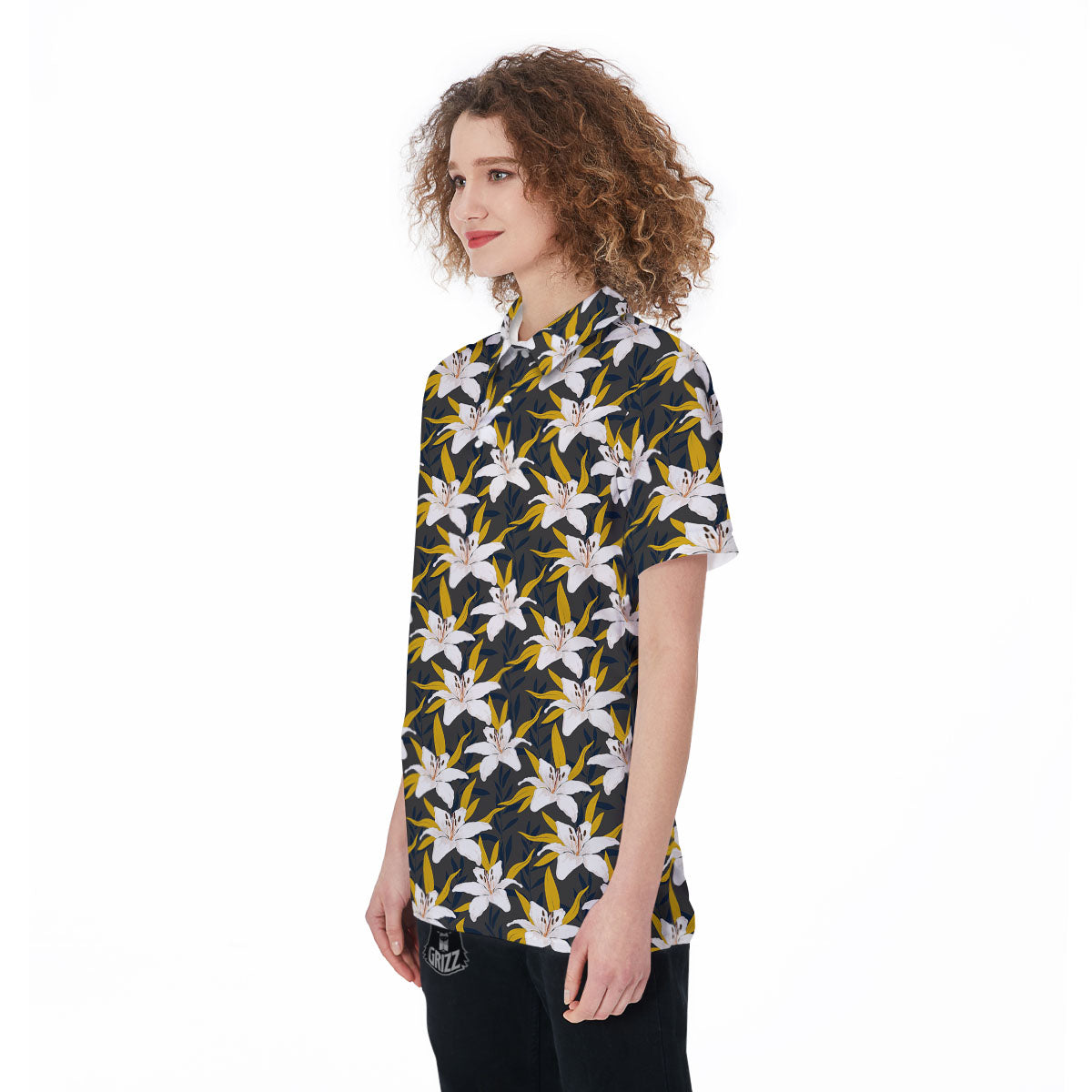 Floral Lily Print Pattern Women's Golf Shirts-grizzshop