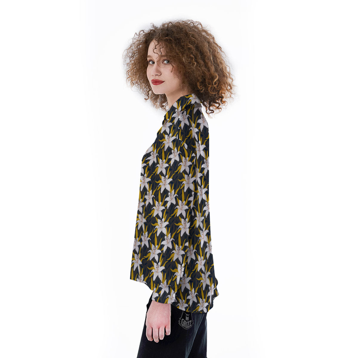 Floral Lily Print Pattern Women's Long Sleeve Shirts-grizzshop