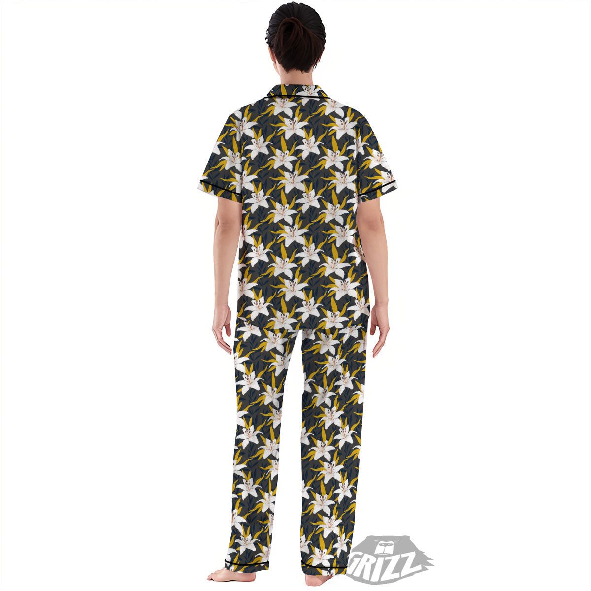 Floral Lily Print Pattern Women's Pajamas Set-grizzshop