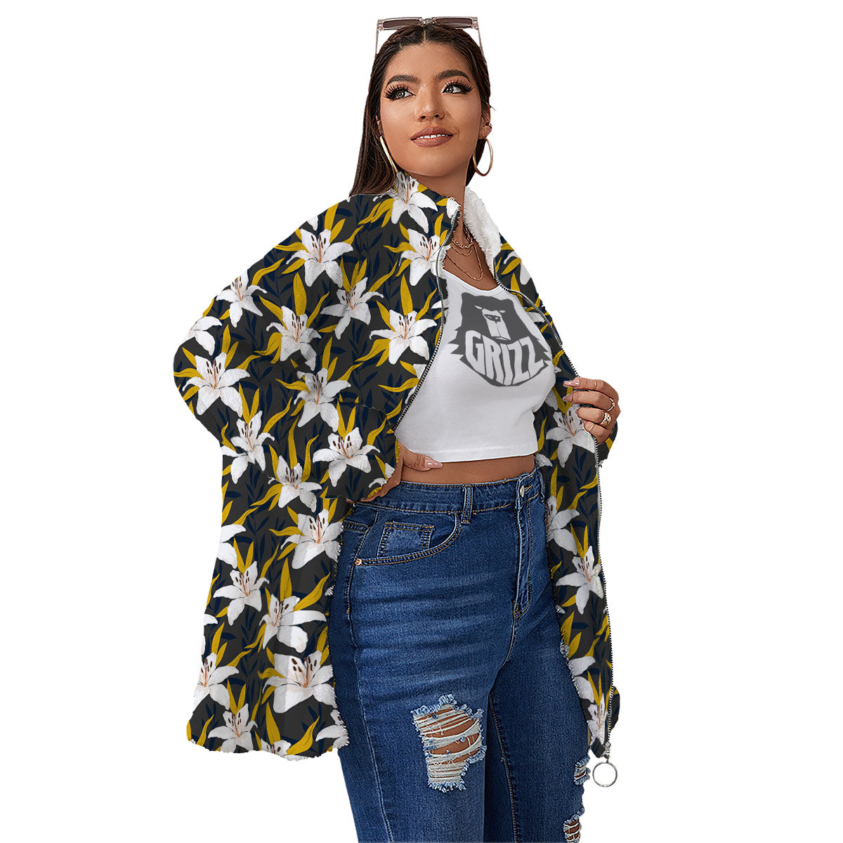 Floral Lily Print Pattern Women's Sherpa Jacket-grizzshop