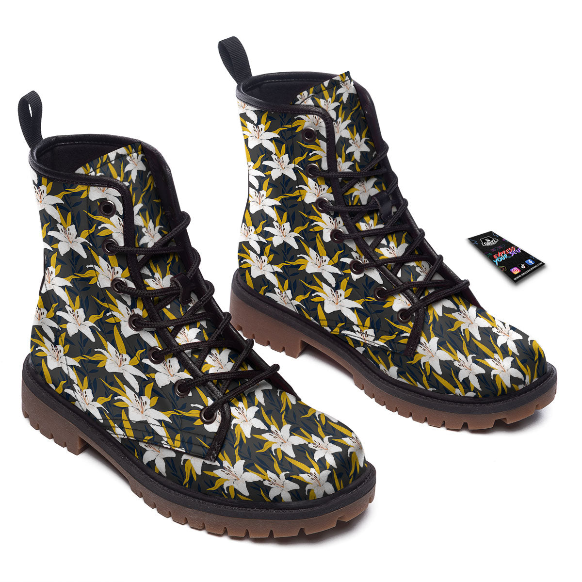 Floral Lily Print Pattern Work Boots-grizzshop