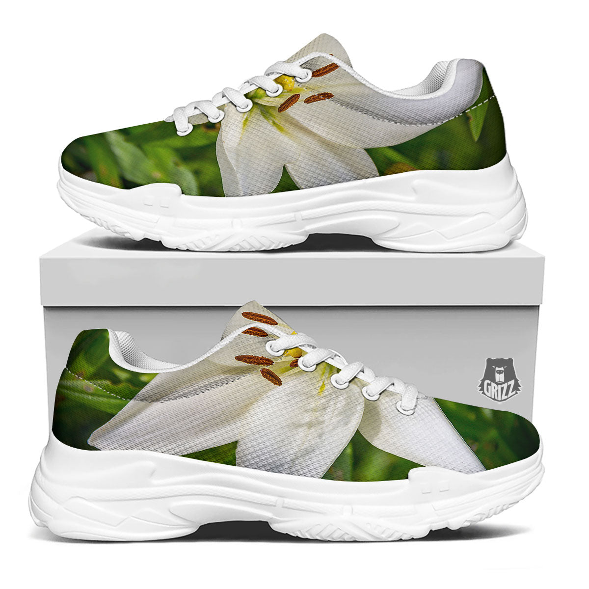 Floral Lily Print White Chunky Shoes-grizzshop