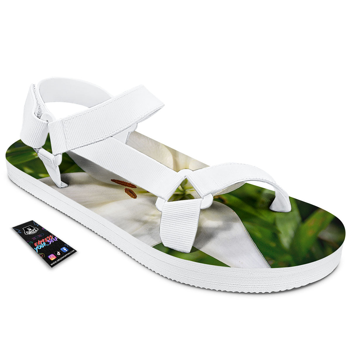Floral Lily Print White Open Toe Sandals-grizzshop