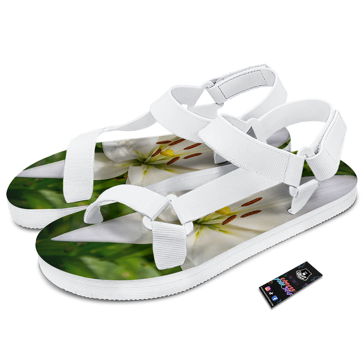 Floral Lily Print White Open Toe Sandals-grizzshop
