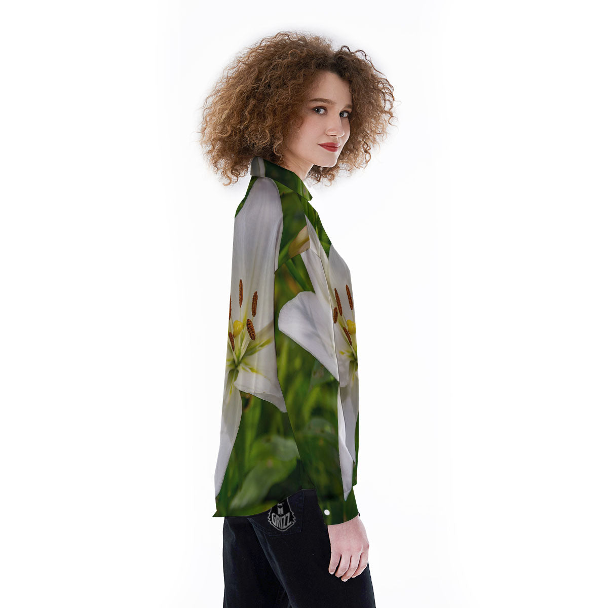 Floral Lily Print Women's Long Sleeve Shirts-grizzshop