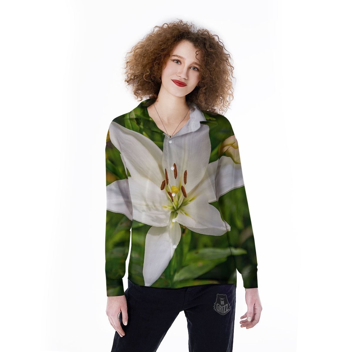 Floral Lily Print Women's Long Sleeve Shirts-grizzshop