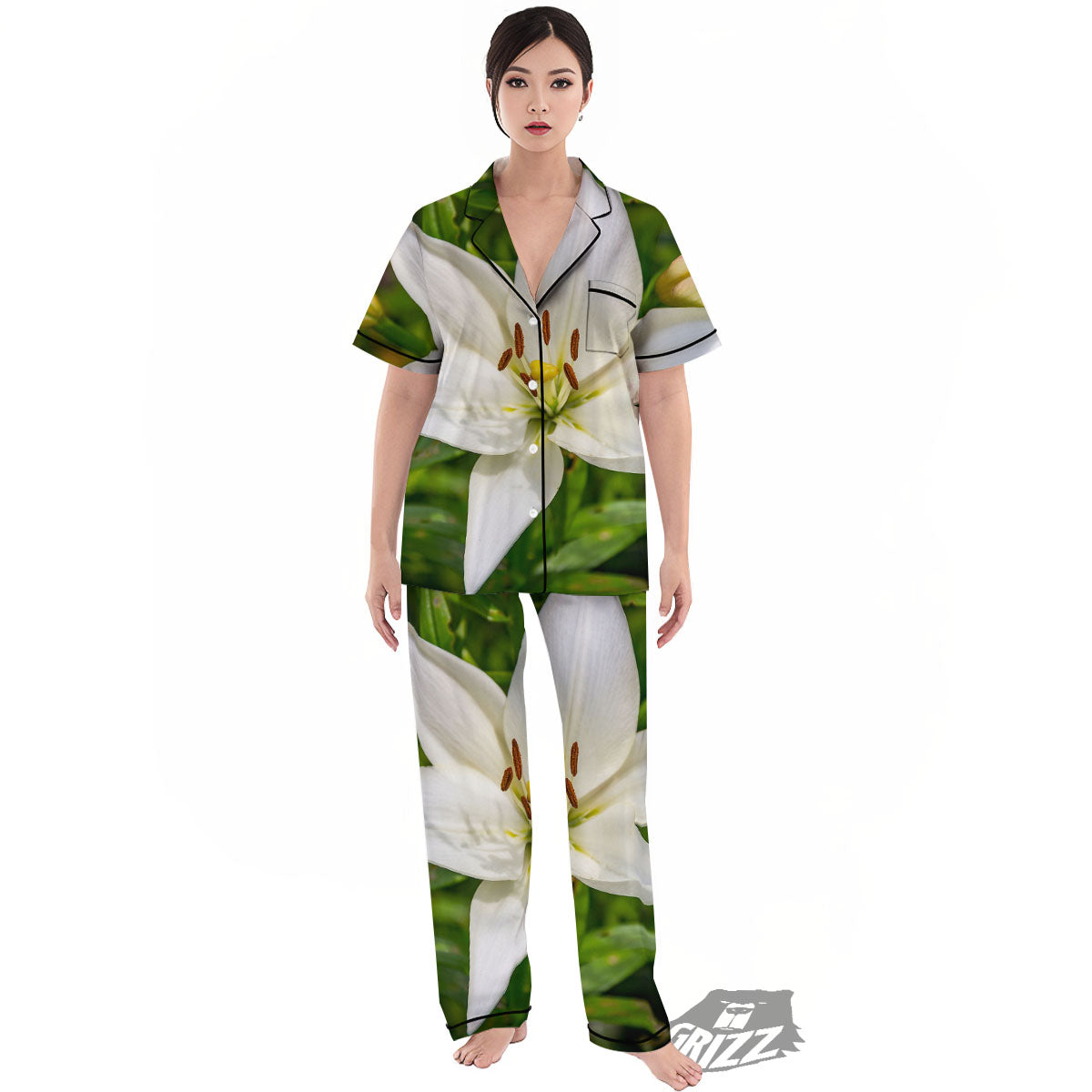 Floral Lily Print Women's Pajamas Set-grizzshop