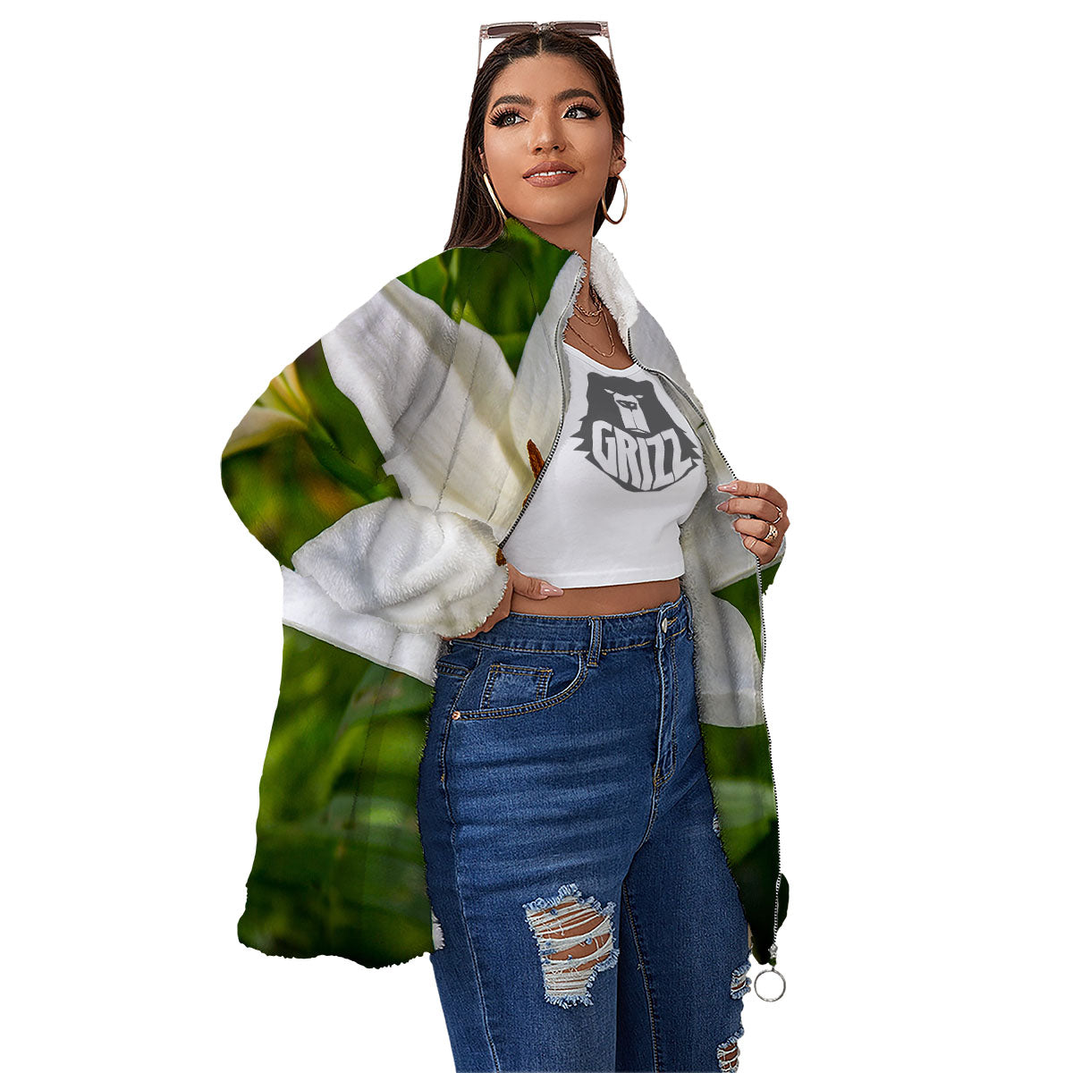 Floral Lily Print Women's Sherpa Jacket-grizzshop