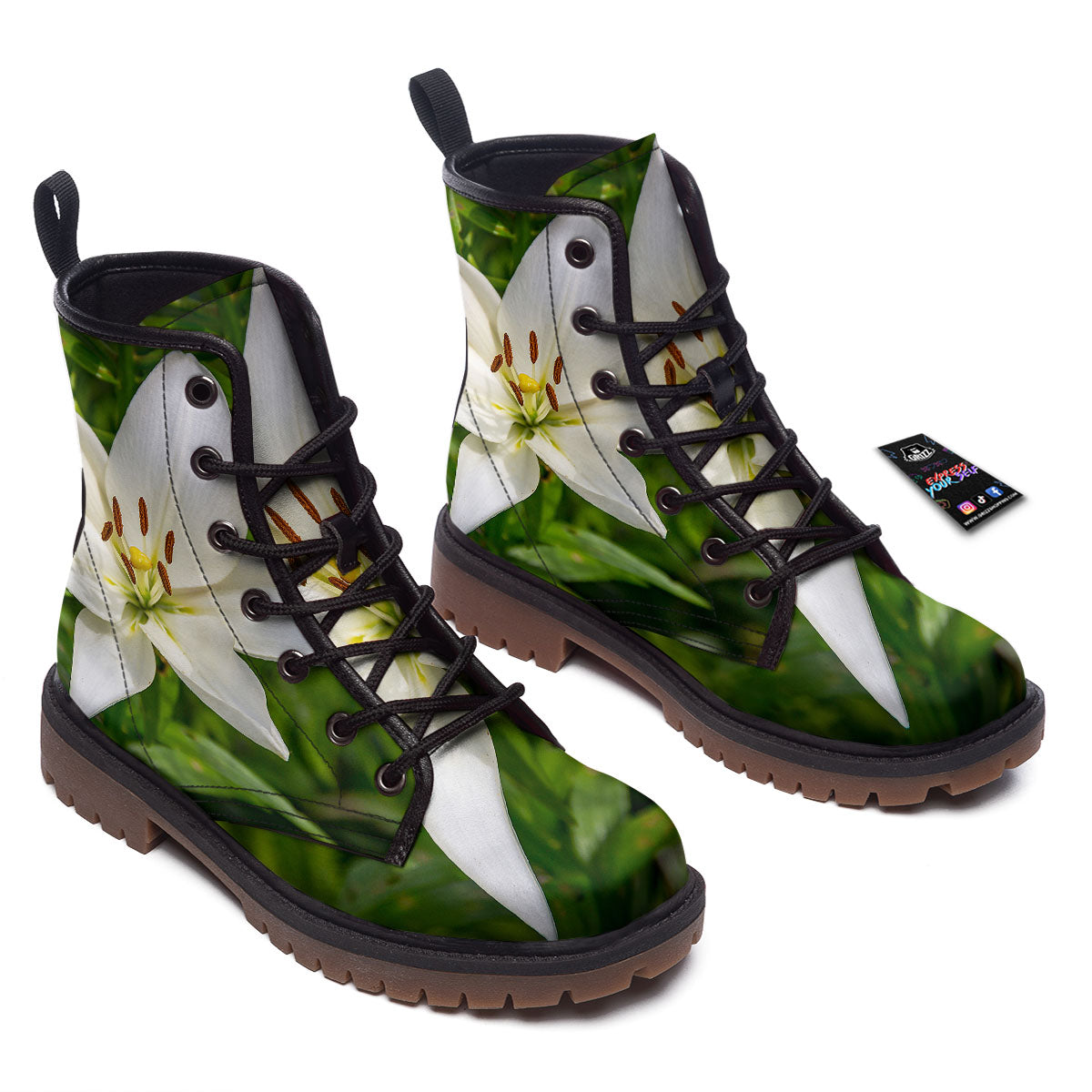 Floral Lily Print Work Boots-grizzshop