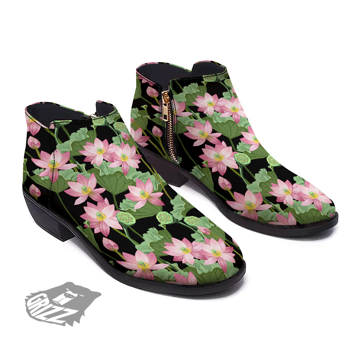 Floral Lotus Vintage Print Pattern Ankle Boots-grizzshop