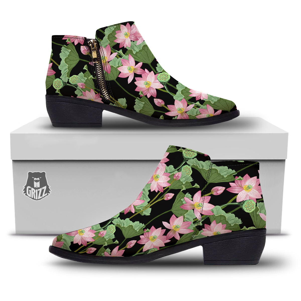 Floral Lotus Vintage Print Pattern Ankle Boots-grizzshop