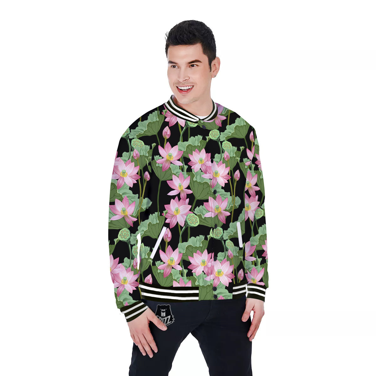 Floral Lotus Vintage Print Pattern Baseball Jacket-grizzshop