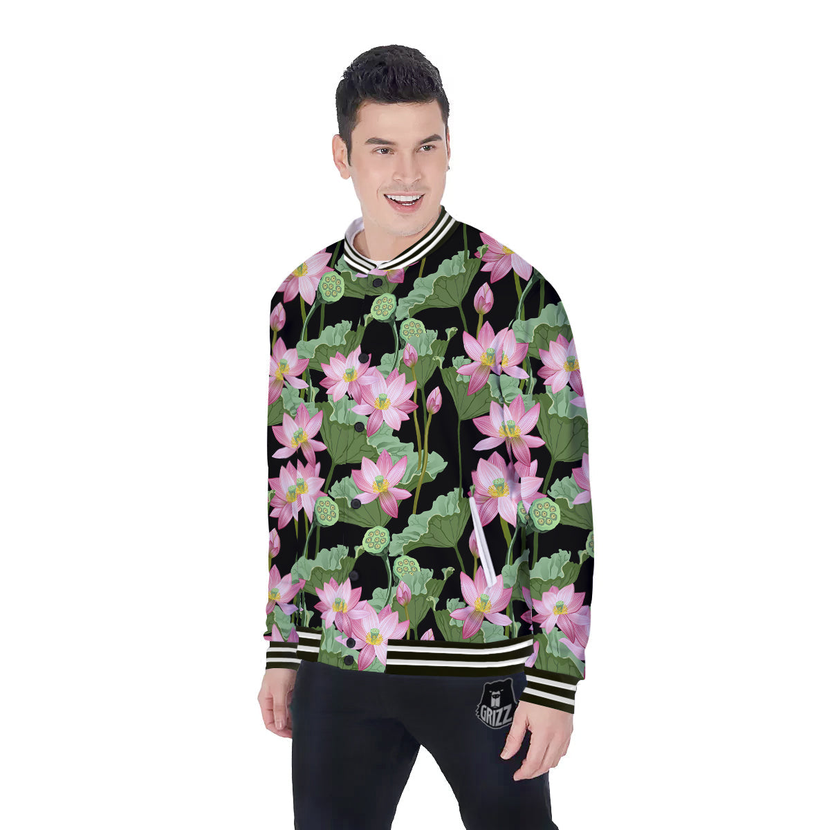 Floral Lotus Vintage Print Pattern Baseball Jacket-grizzshop