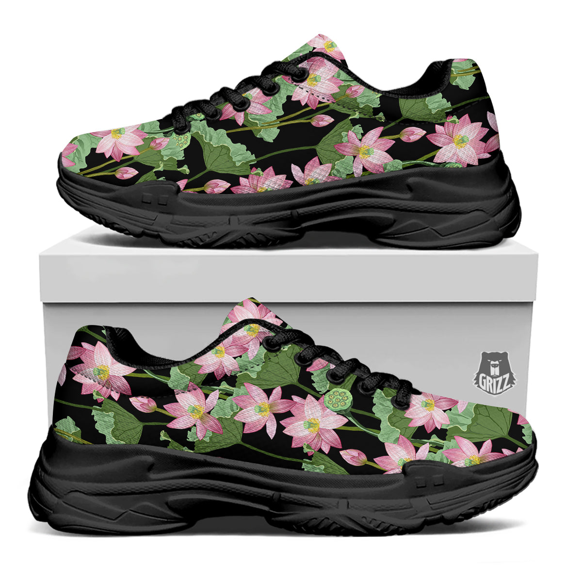 Floral Lotus Vintage Print Pattern Black Chunky Shoes-grizzshop