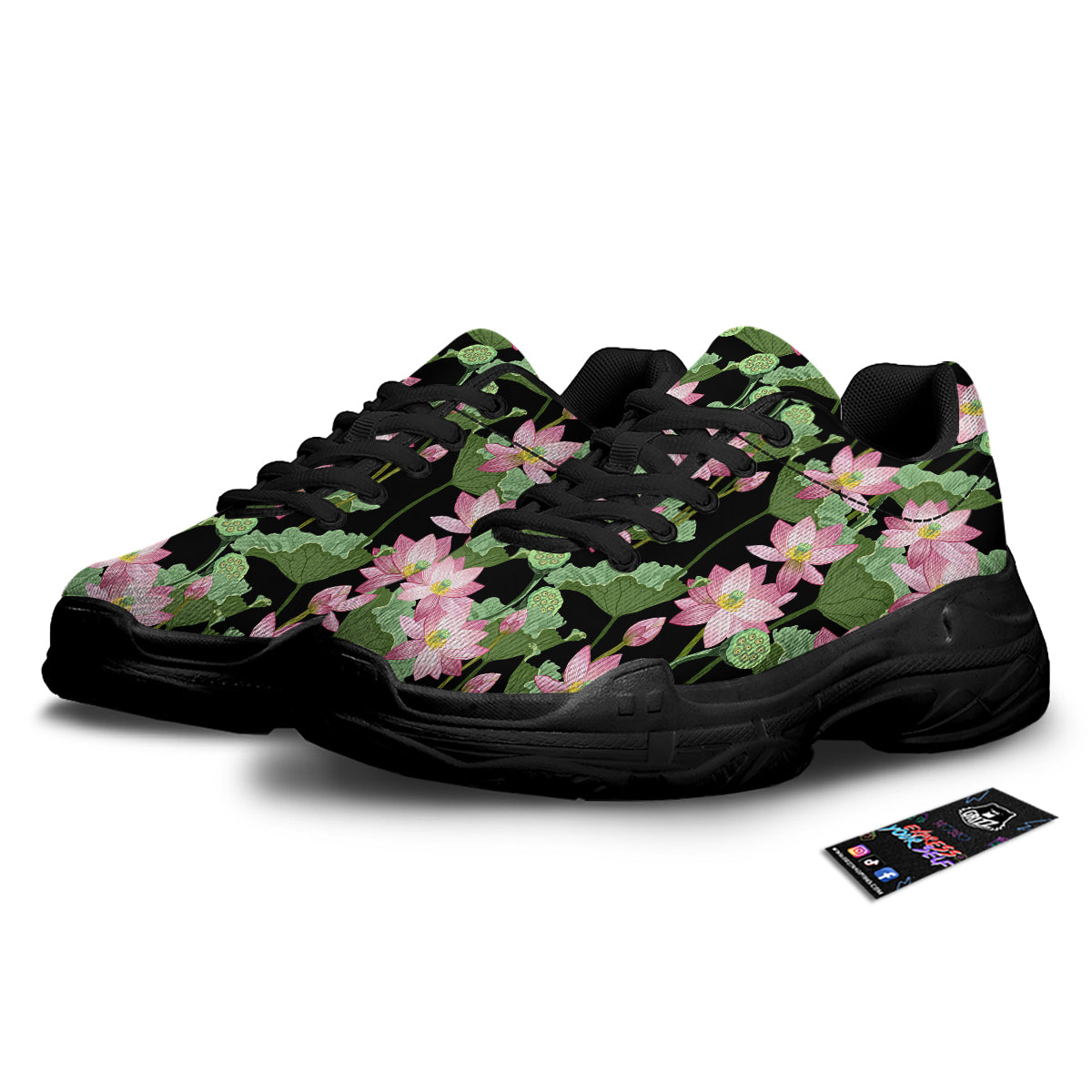 Floral Lotus Vintage Print Pattern Black Chunky Shoes-grizzshop