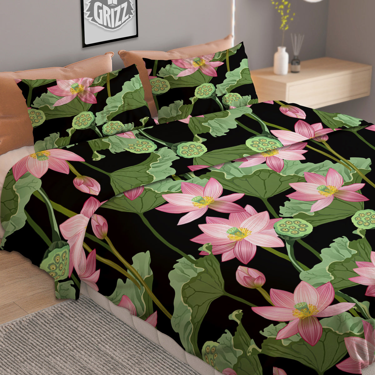 Floral Lotus Vintage Print Pattern Duvet Cover Bedding Set