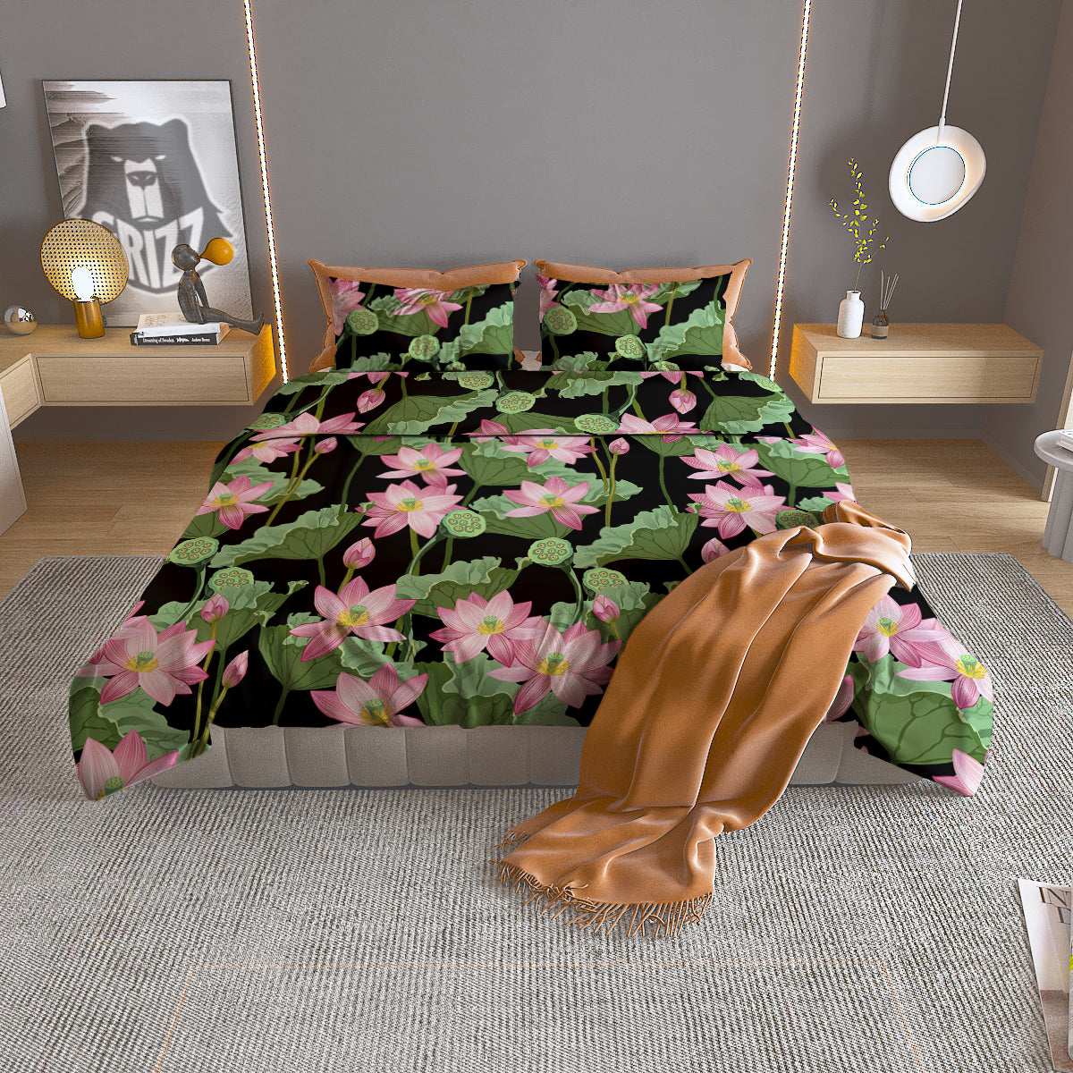 Floral Lotus Vintage Print Pattern Duvet Cover Bedding Set