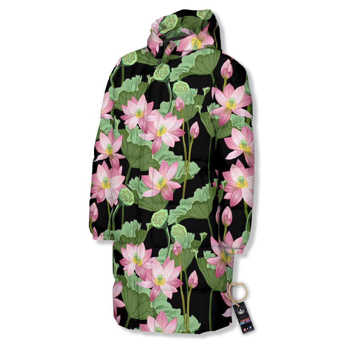 Floral Lotus Vintage Print Pattern Long Down Jacket-grizzshop
