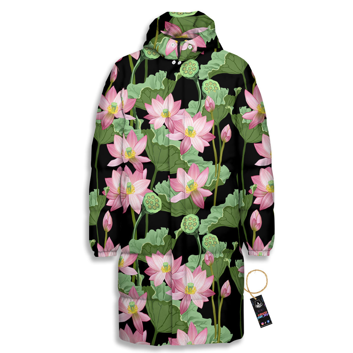 Floral Lotus Vintage Print Pattern Long Down Jacket-grizzshop