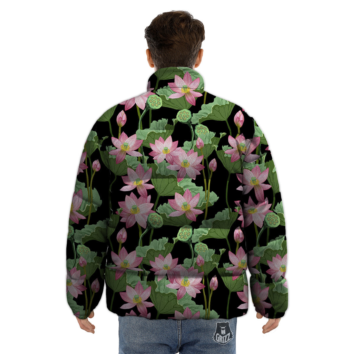 Floral Lotus Vintage Print Pattern Puffer Jacket-grizzshop