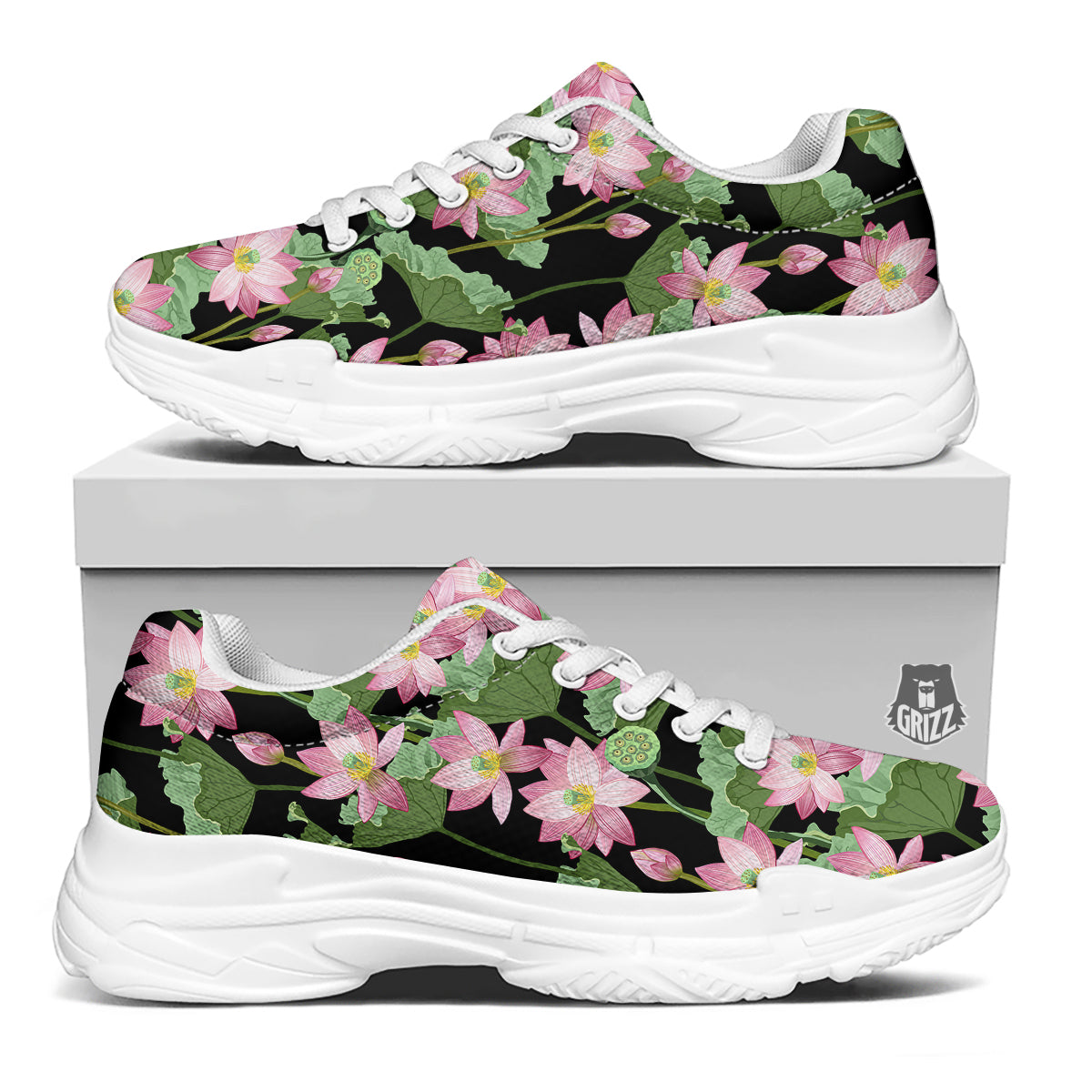 Floral Lotus Vintage Print Pattern White Chunky Shoes-grizzshop