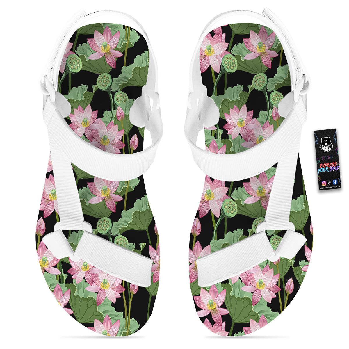 Floral Lotus Vintage Print Pattern White Open Toe Sandals-grizzshop