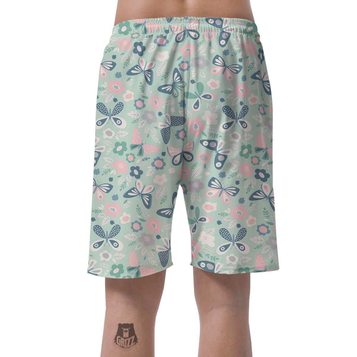 Floral Mint Butterfly Print Men's Shorts-grizzshop