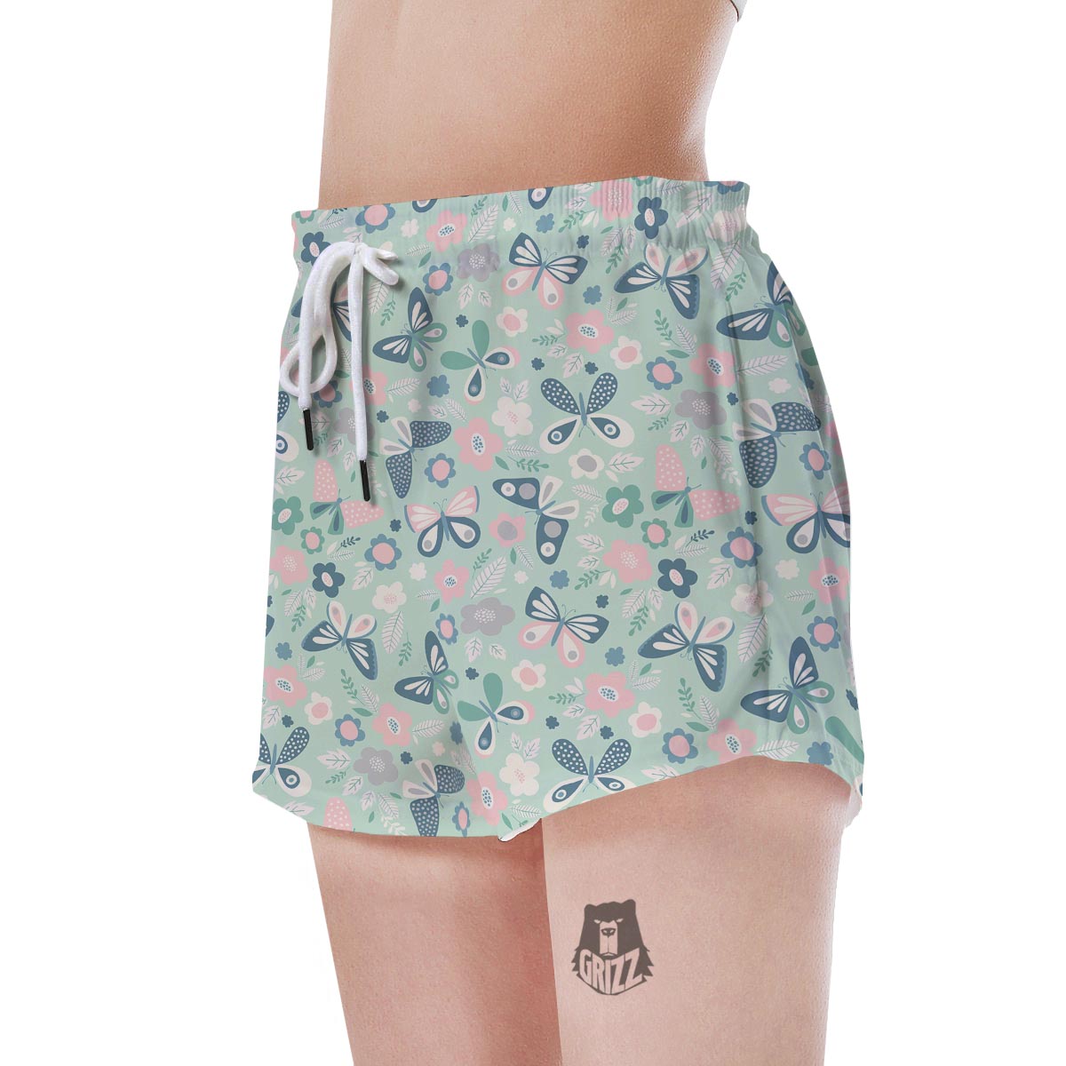 Floral Mint Butterfly Print Women's Shorts-grizzshop