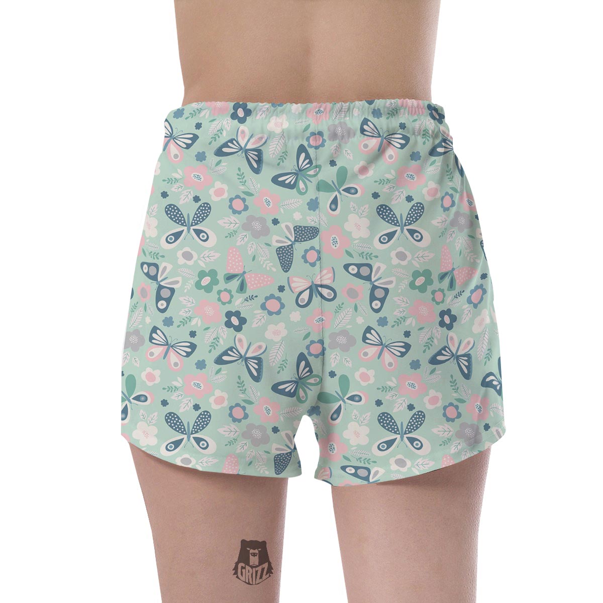 Floral Mint Butterfly Print Women's Shorts-grizzshop