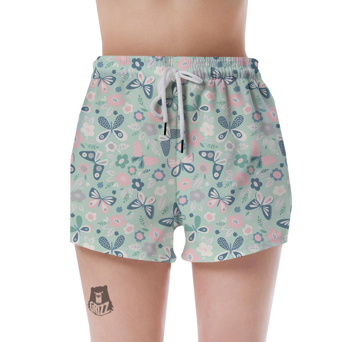 Floral Mint Butterfly Print Women's Shorts-grizzshop