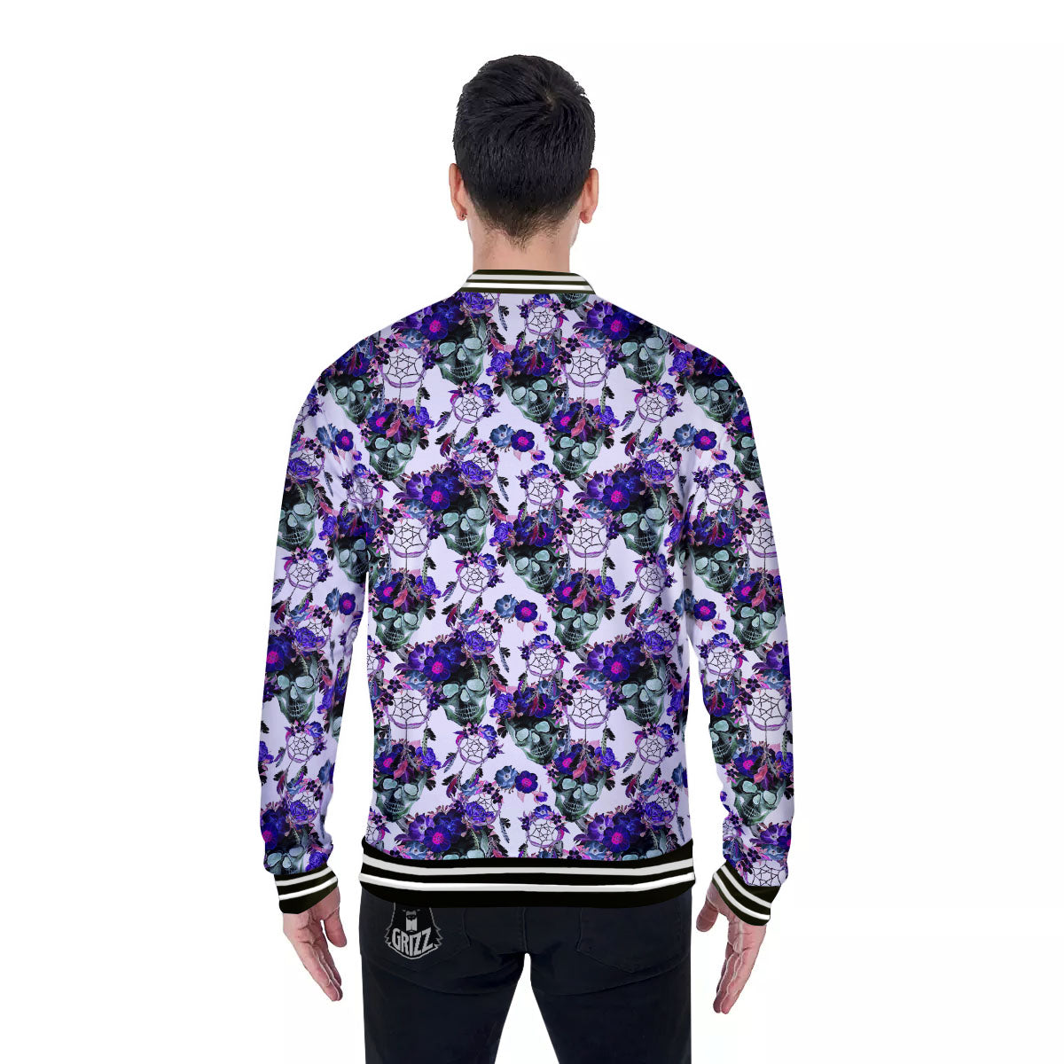 Floral Neon Skull Print Pattern Baseball Jacket-grizzshop