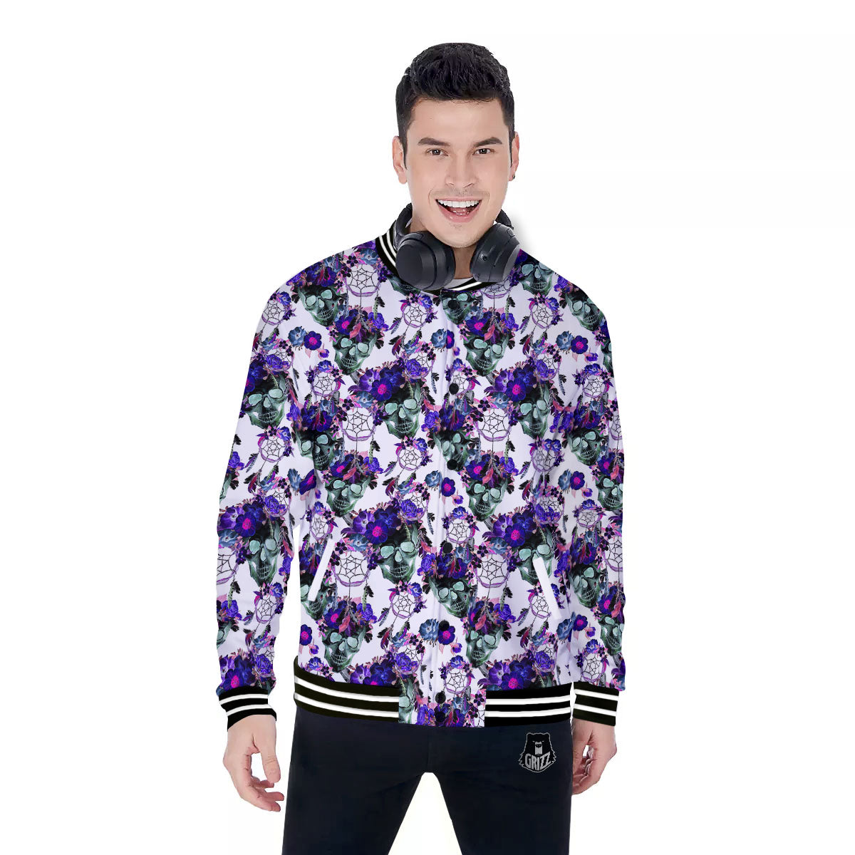 Floral Neon Skull Print Pattern Baseball Jacket-grizzshop