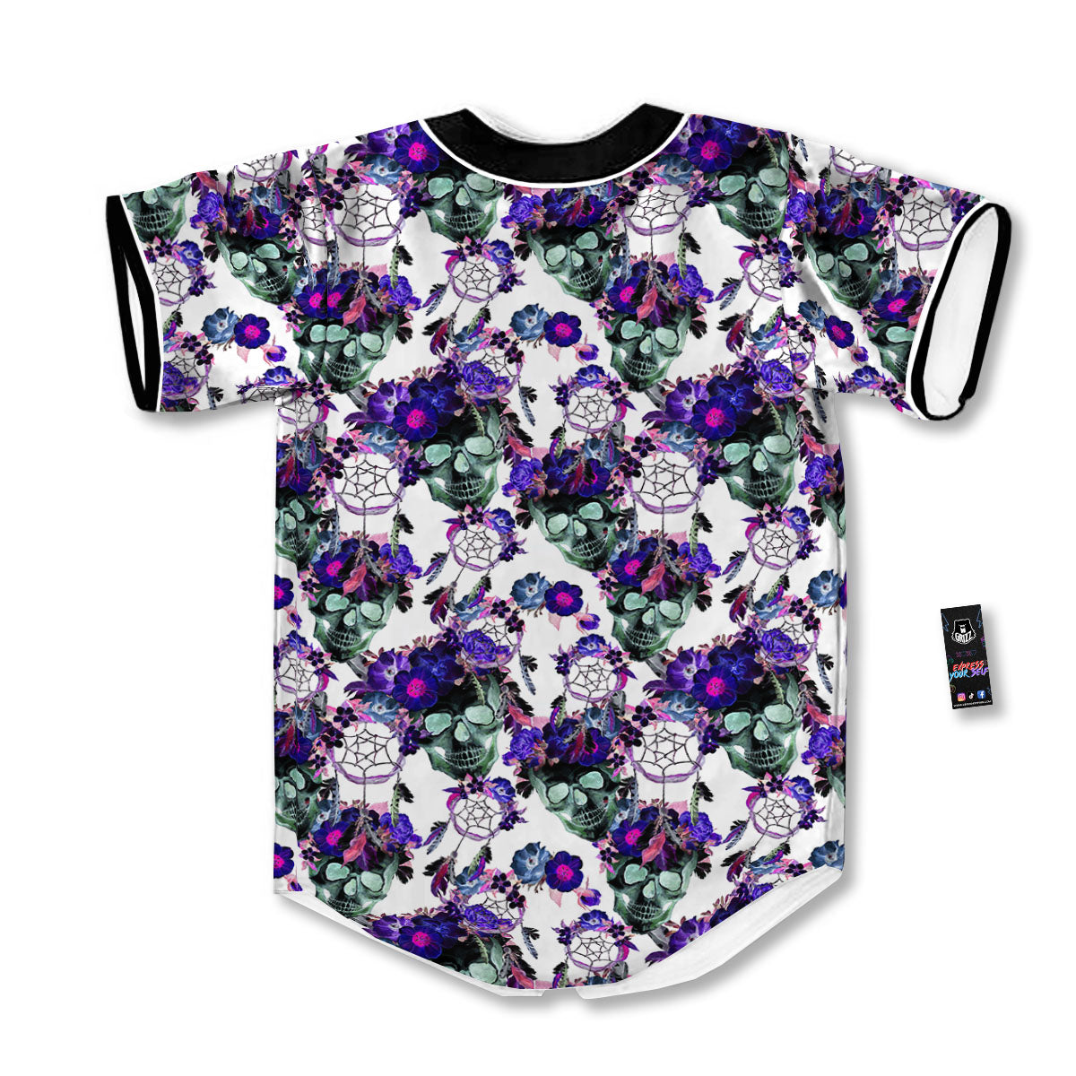 Floral Neon Skull Print Pattern Baseball Jersey-grizzshop