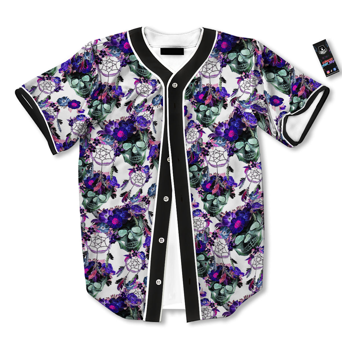 Floral Neon Skull Print Pattern Baseball Jersey-grizzshop