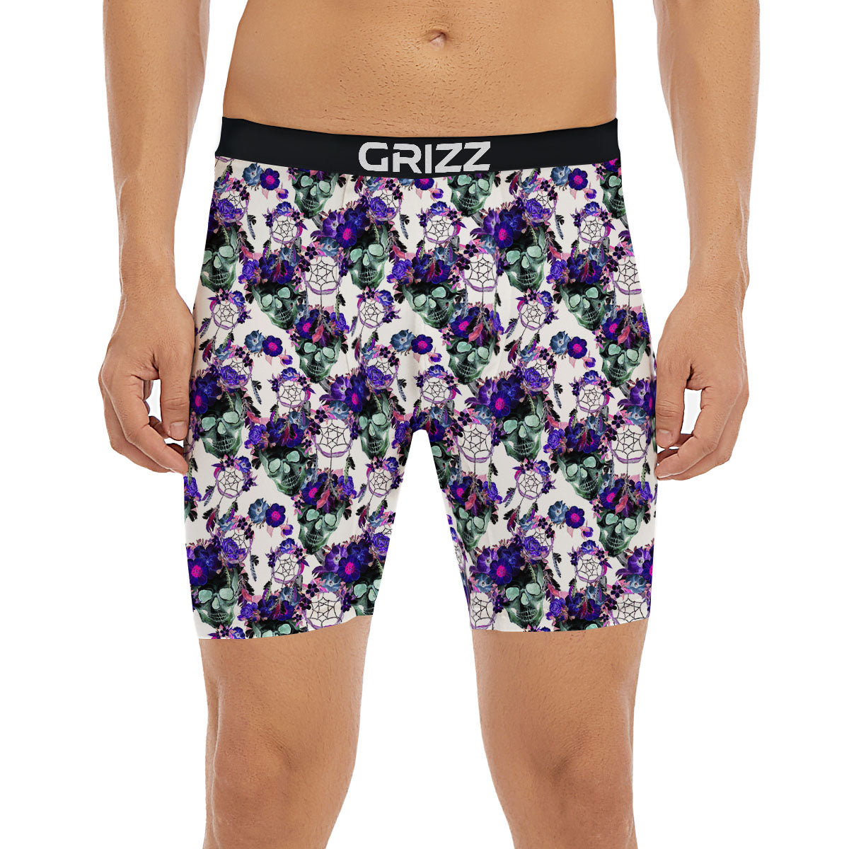 Floral Neon Skull Print Pattern Boxer Briefs-grizzshop