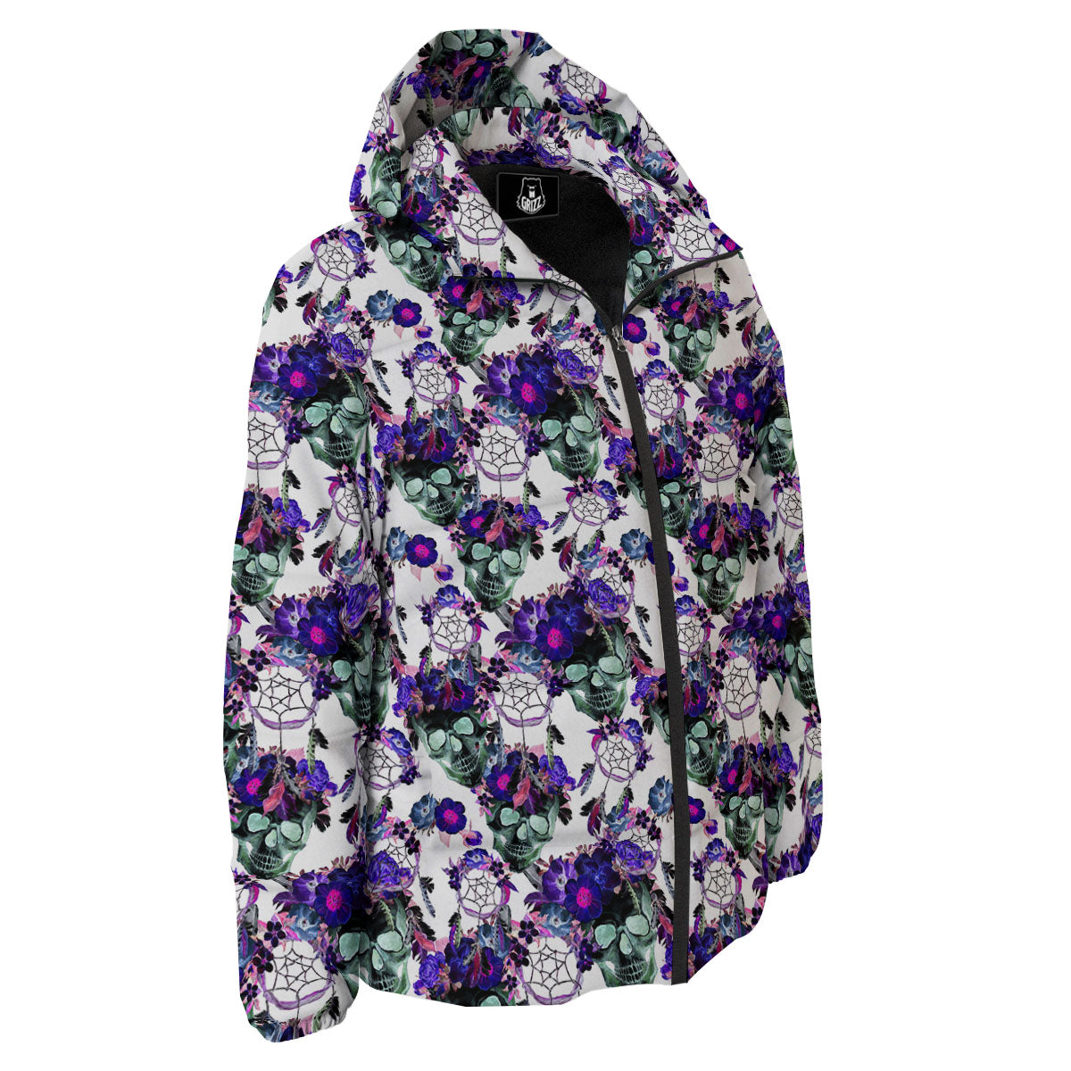 Floral Neon Skull Print Pattern Down Jacket-grizzshop